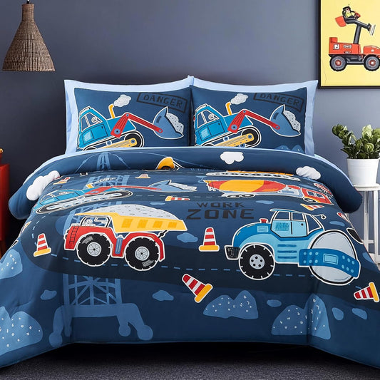 Full Size Comforter Set for Boys-7 Pieces Truck Tractor Excavator Glow in The Dark Full Bedding Sets for Kids, Ultra Soft Bed in A Bag with Sheets