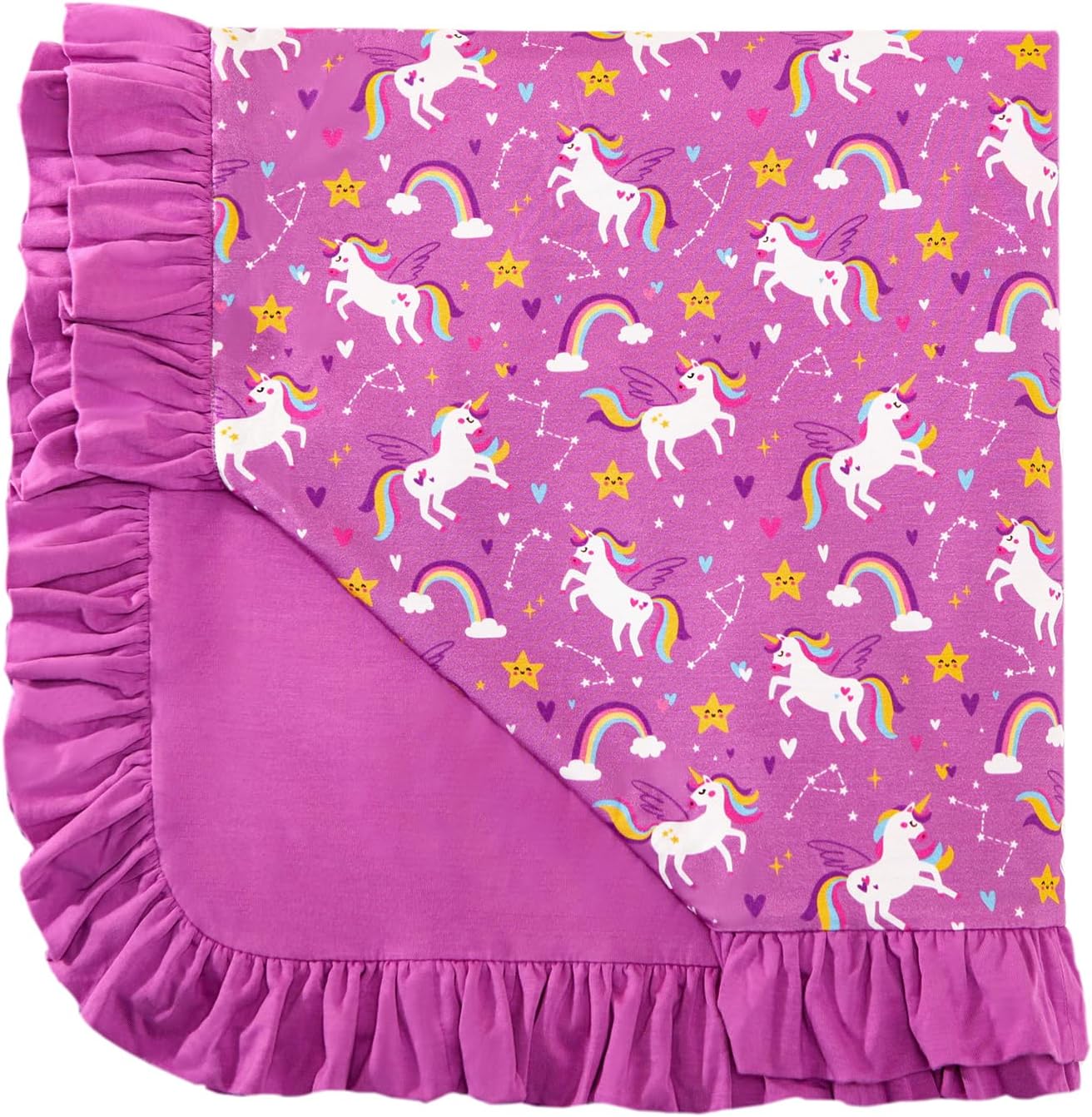 Premium Baby Blanket for Girls, Stretchy Quilt, Soft Crib Bedding for Newborn Baby and Toddler, Ruffle Nursery Blanket for Kids, Viscose Made from Bamboo 50''x50'' Purple Unicorn