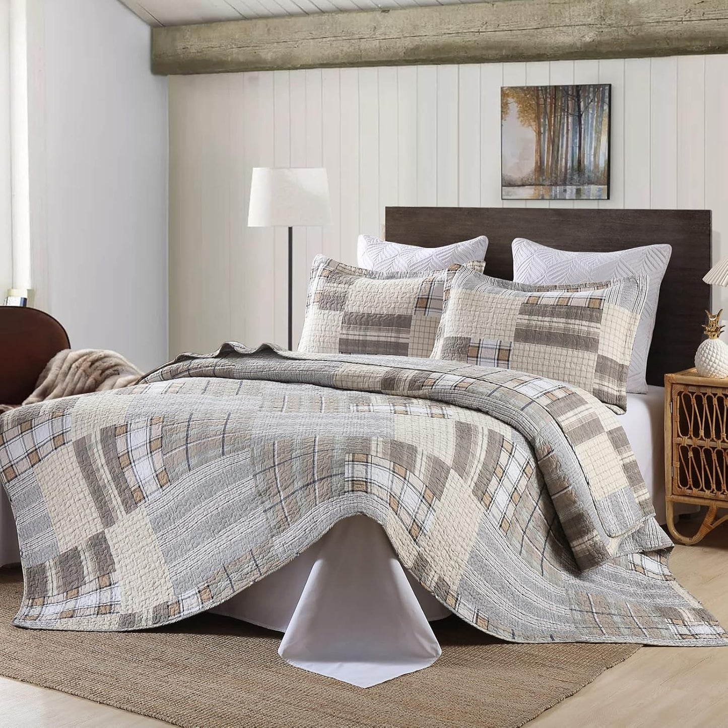 KALOOLA 100% Cotton Quilts Queen Size, Farmhouse Brown Plaid Queen Quilted Bedding Set 3 Pieces, Rustic Lightweight Bedspread Coverlet with 2 Pillowshams for All Season