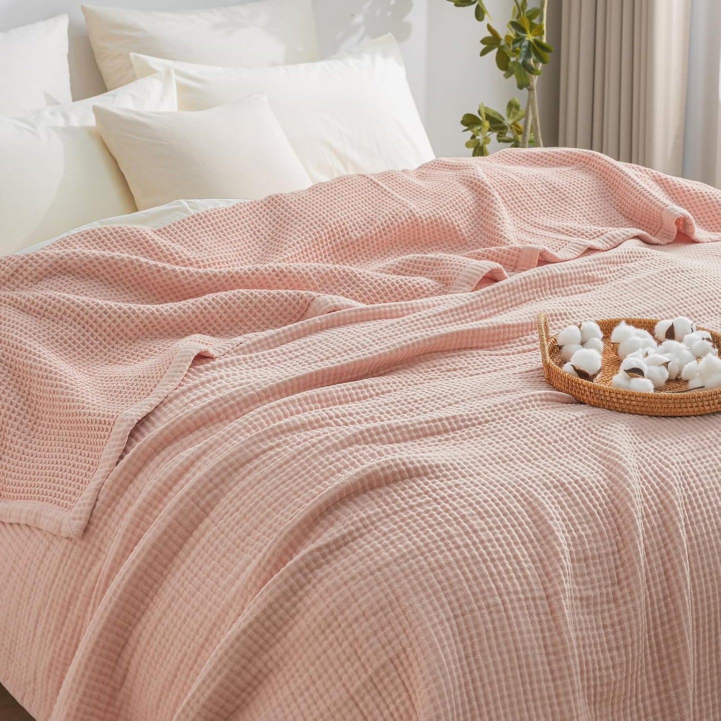 PHF 100% Cotton Waffle & Muslin Blanket Twin Size, Soft Breathable Luxury 400GSM Versatile Reversible Bedding for Bed, Great for Layering in Cold Weather, Home Decor Gift, 66" x 90", Rose Smoke