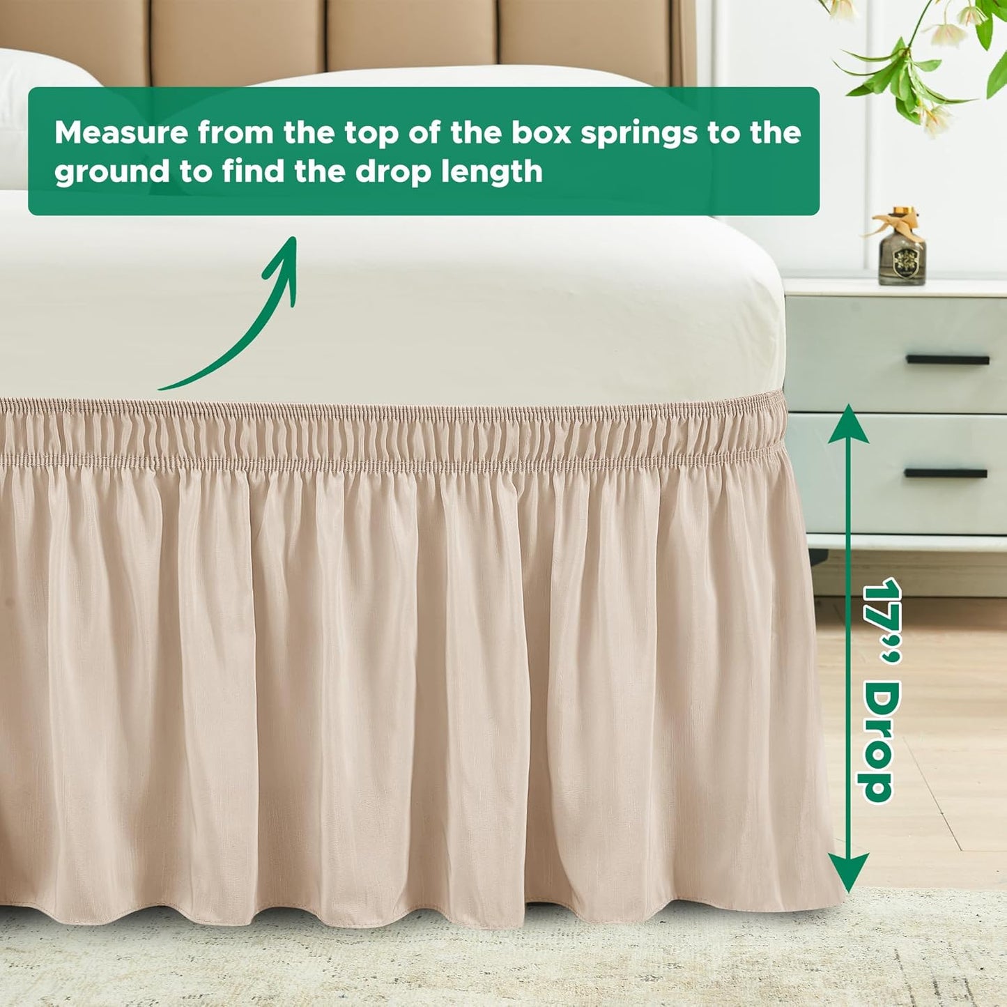 Biscaynebay Wrap Around Bed Skirts for King & Cal King Beds 17" Long Drop, Sand Adjustable Elastic Dust Ruffles Easy Fit Wrinkle Resistant Silky Luxurious Fabric Machine Washable