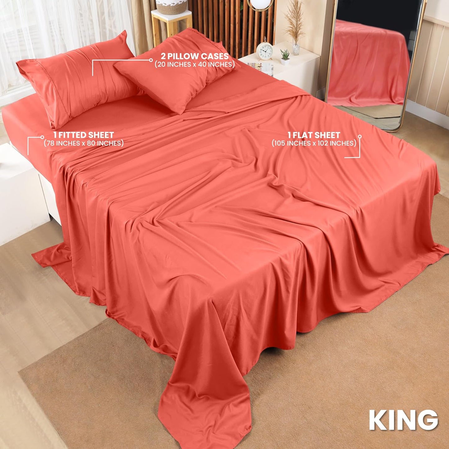 Utopia Bedding King Sheet Set – 4 Piece Bed Sheets for King Size Bed, Soft and Breathable Microfiber, Includes 1 Fitted Sheet, 1 Flat Sheet and 2 Pillowcases (Coral)
