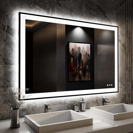 ISKM Framed LED Mirror for Bathroom 48"x32", Dimmable LED Bathroom Mirror with Lights, Anti-Fog, Front and Backlit Lighted Mirror 3-Colors, Shatterproof, Memory Function