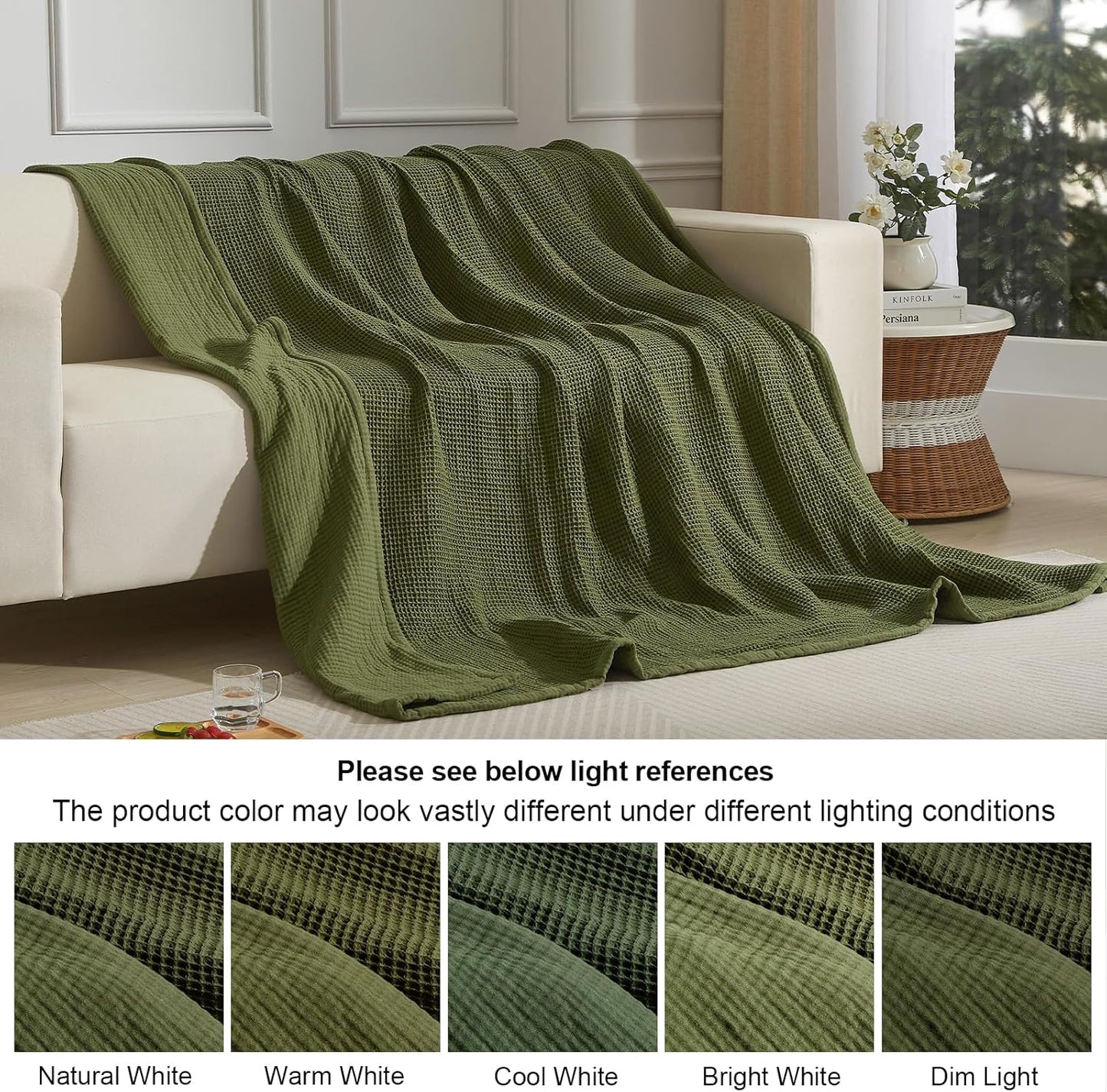 PHF 100% Cotton Waffle & Muslin Blanket Twin Size, Soft Breathable Luxury 400GSM Versatile Reversible Bedding for Bed, Great for Layering in Cold Weather, Home Decor Gift, 66" x 90", Olive Green