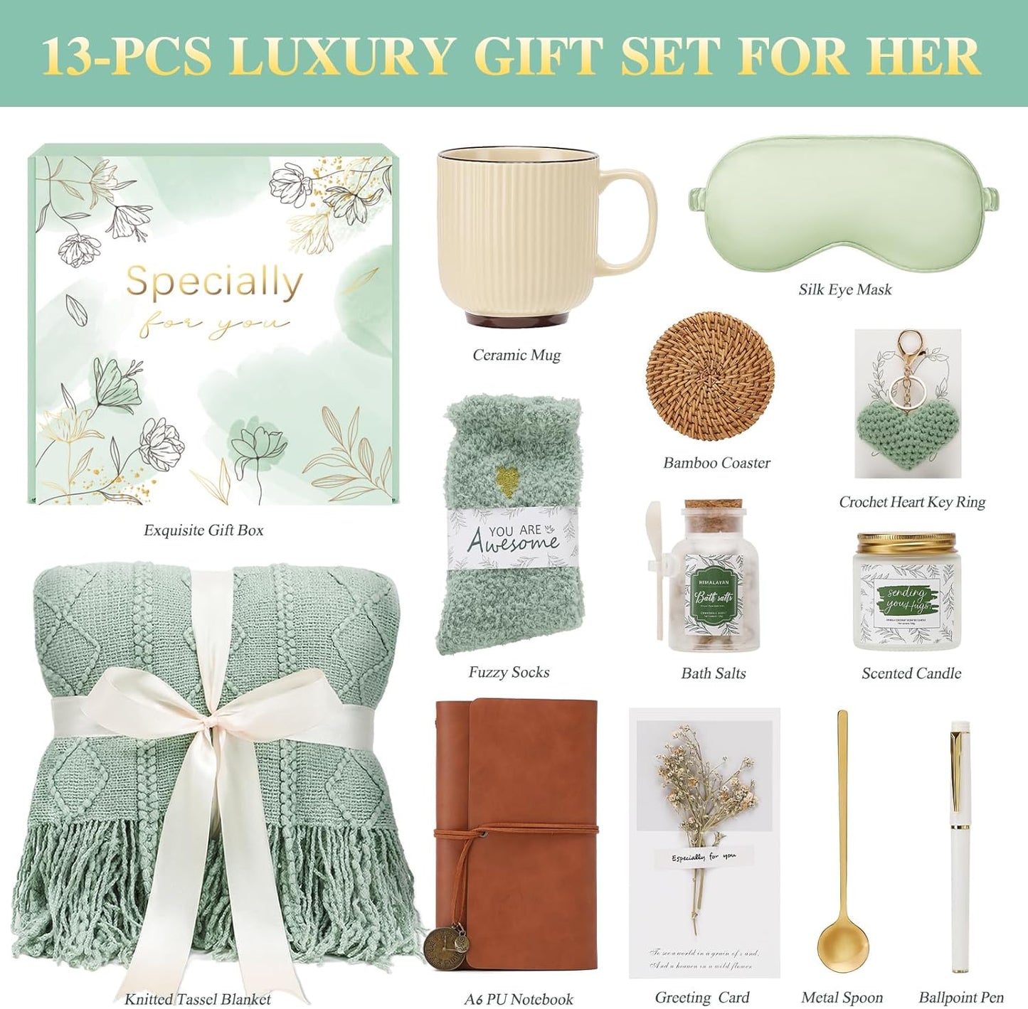 Get Well Gifts for Women Self Care Gift Basket - Birthday Gifts for Women Spa Care Package - Sympathy Inspirational Thinking of You Gift Set for Her Mom Sister Friend Wife Girlfriend (Green)