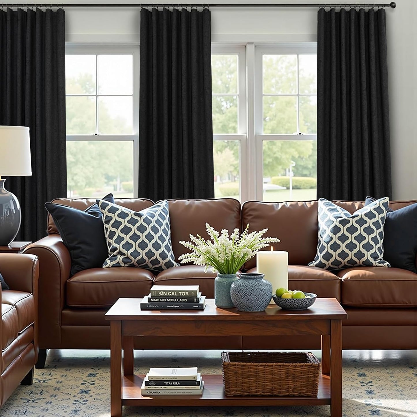 Black Curtains 84 Inches Long for Bedroom 2 Panel Set Linen Textured Total Blackout Thermal Insulated Darkening Dark Curtains Black Out Shades for Living Room Floor Length Window Drape Back Tab Pocket