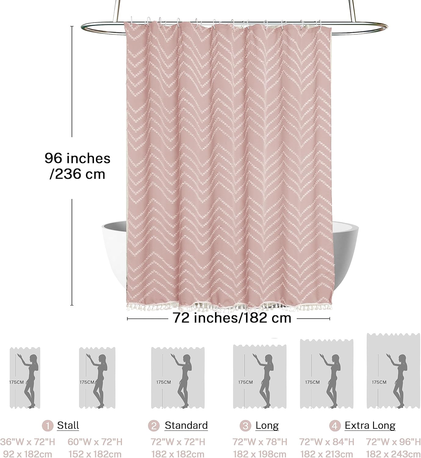 Extra Long Pink Boho Shower Curtain with White Tassel, Woven Fabric 96 in Curtain, Tufted Chevron Striped, 72x96, Modern Chic Textured Minimalist Cute for Bathroom