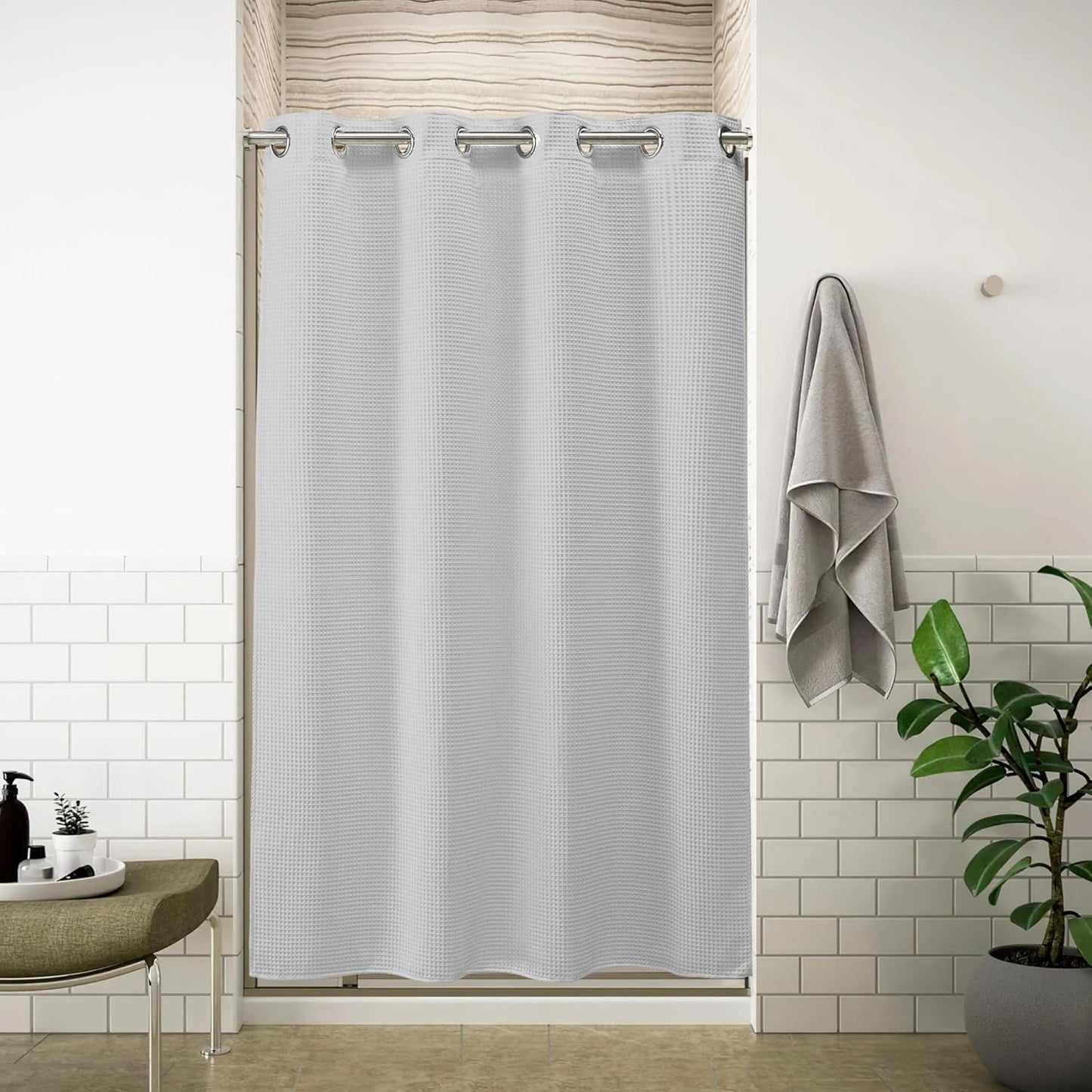 River Dream 54" W Stall Waffle No Hooks Shower Curtain with Snap in Liner,Cotton Blend Fabric Shower Curtain for Bathroom,Hotel Quality,Grey,54Wx80L