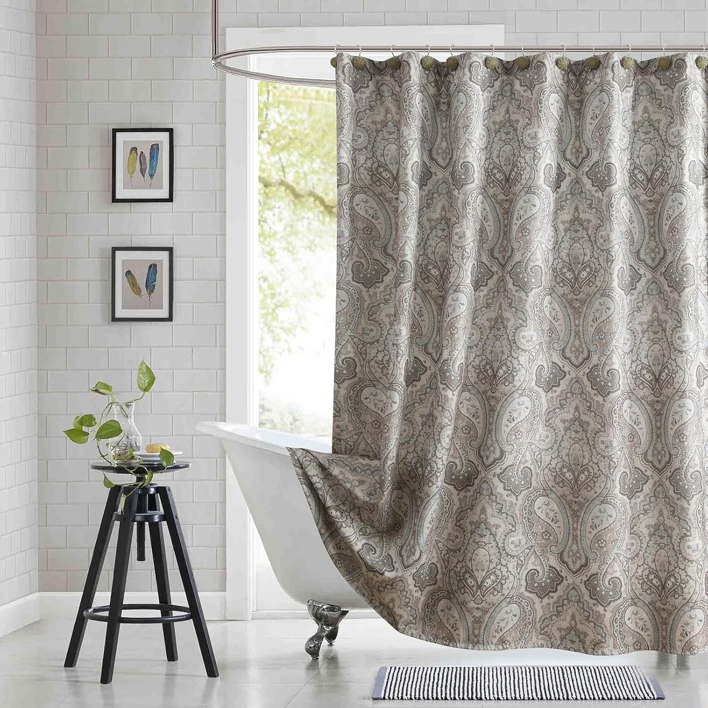 90 Inch Fabric Shower Curtain, Extra Long Taupe and Blue Paisley Print Shower Curtains for Bathroom, 72" W x 90" H
