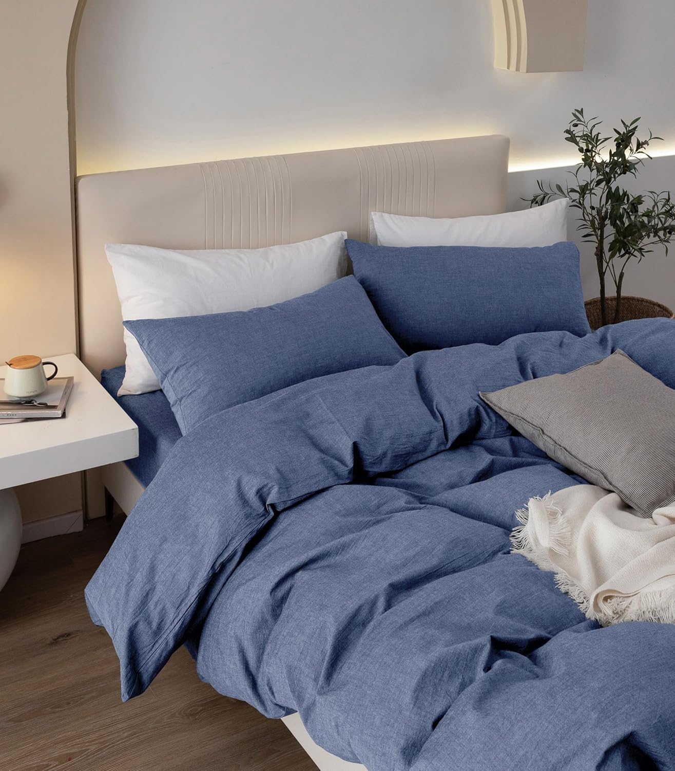 JIYUAN 100% Washed Cotton Duvet Cover Set 3 Pieces Full, 1 Duvet Cover 80x90 Inches(Comforter Not Included) and 2 Pillowcases,Linen Like Comfy and Breathable,Heathered Blue