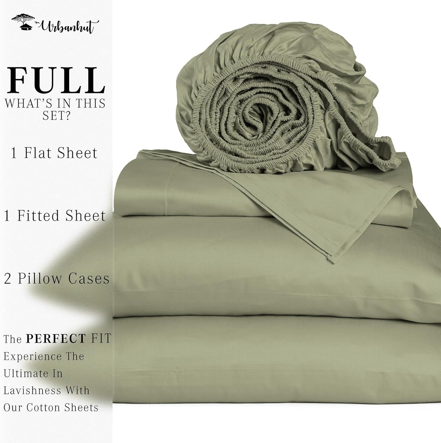 URBANHUT 100% Egyptian Cotton Sheets - 1000 Thread Count Full Size Sheets Set (4Pc), Long Staple Cotton Bedding Sheets, All Season Sateen Weave, Luxury Hotel Bedsheets,16" Deep Pocket - Sage(Moss)