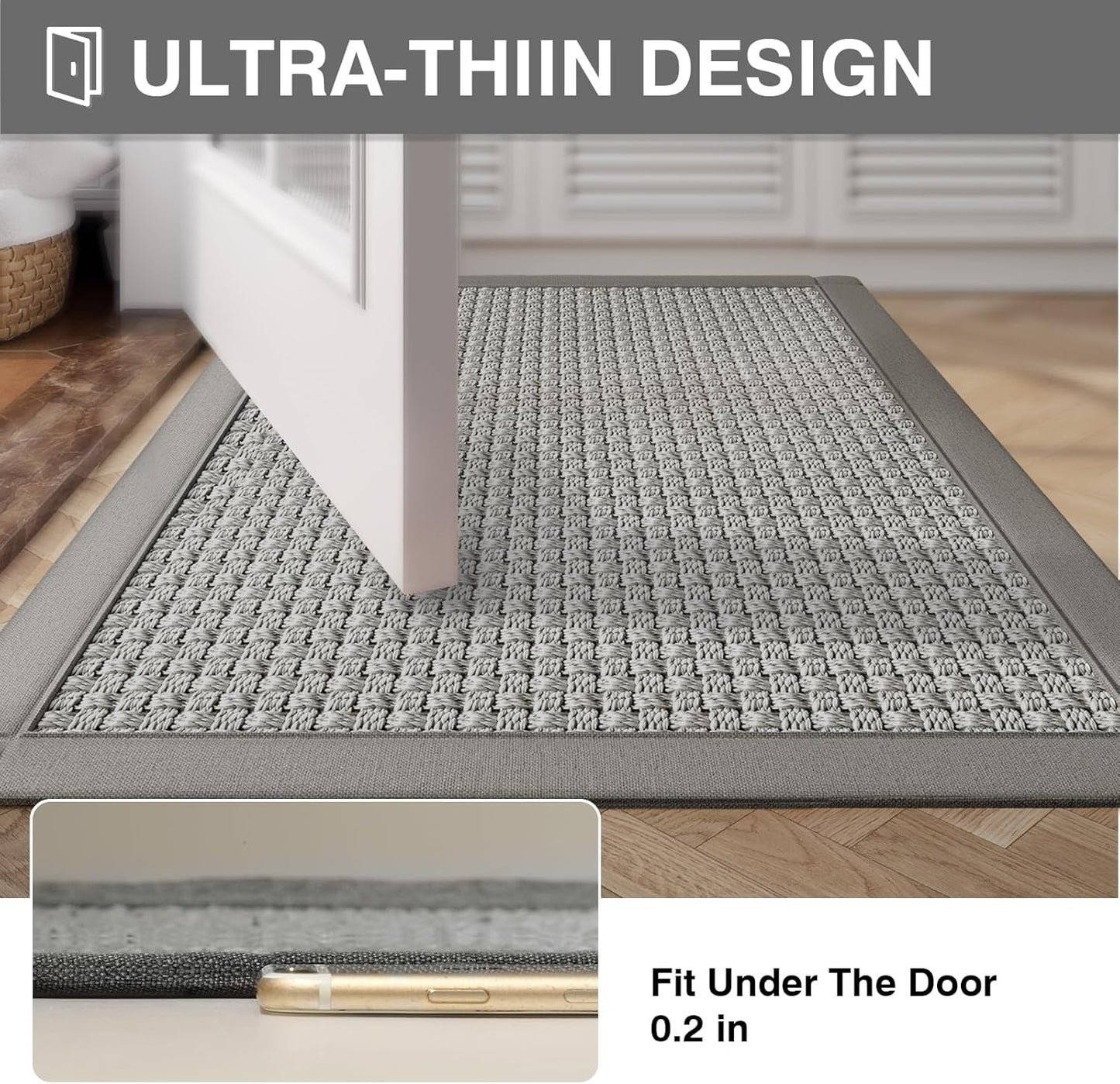 Ultra Thin Quick Dry Bathroom Rugs Mat 24x35, Non Slip Bath Mat Absorbent Bathroom Mat Floor Rubber Backed Fit Under Door, Woven Washable Bath Rugs, Gray