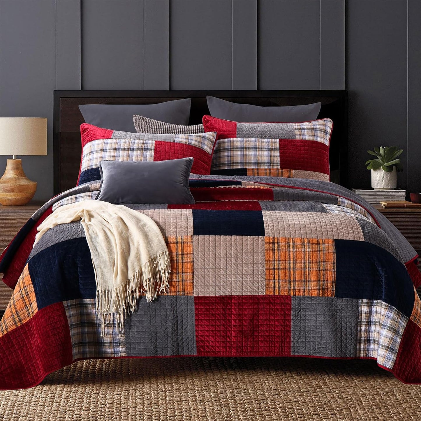 Secgo California King Comforter Set for Bed - 100% Cotton Quilts Cal King Size, Black Bedspreads (120 * 110 Inch) with 2 Pillow Shams, Patchwork Reversible Lightweight Bedding