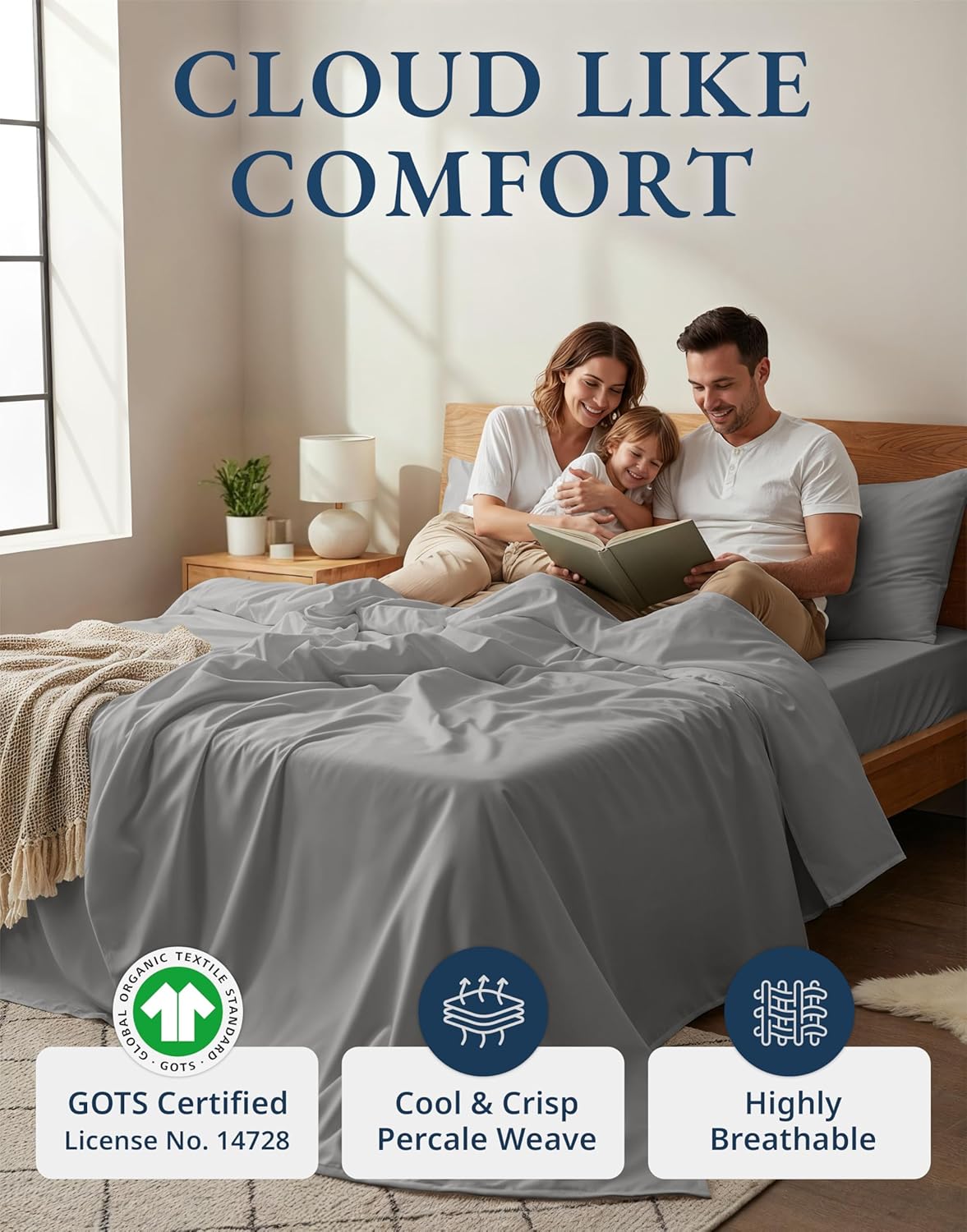 LANE LINEN 100% Organic Cotton California King Sheets Set, Fully Elasticized Reinforsed Seams in Fitted Pocket, Machine Washable Naturally Cooling All Season Cal King Sheet- Silver