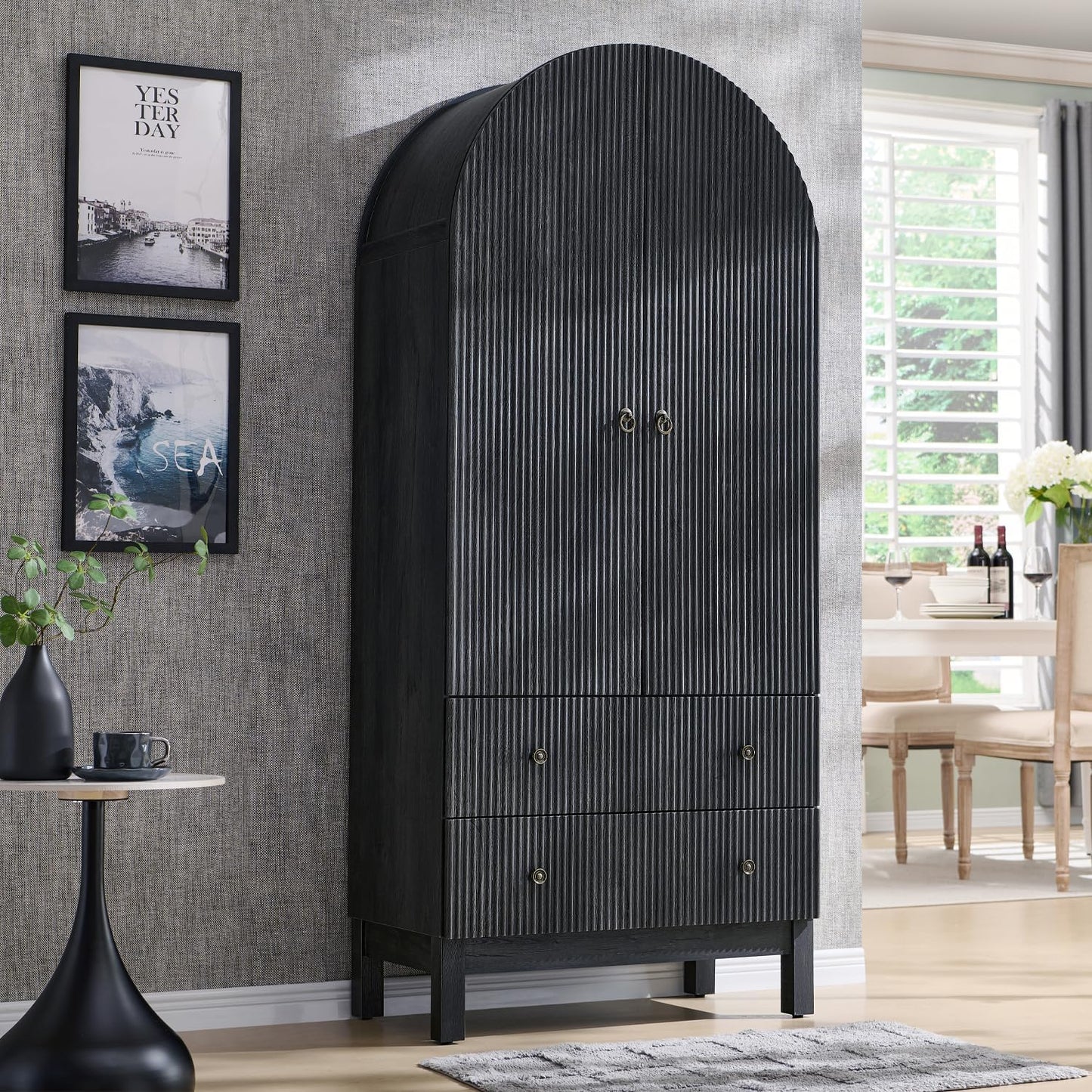 71" Tall Arched Bathroom Storage Cabinet, Modern Fluted Cabinet Storage with 4 Shlves and 2 Drawers, Floor Cabinet for Bathroom, Living Room, Kitchen, Dark Gray