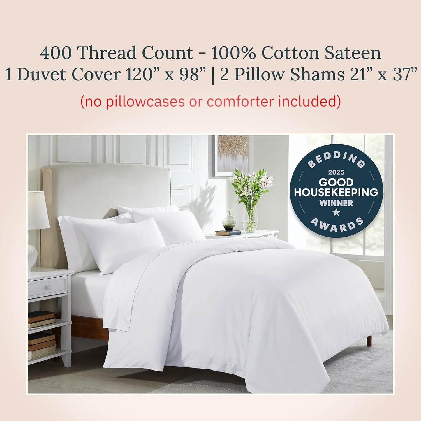 California Design Den 3 Pc Oversized King Duvet Cover Set - Winner Good Housekeeping Best Bedding Awards 2025, 400 Thread Count Sateen, 100% Cotton Duvet Cover Set, Button Closure, Corner Ties - White