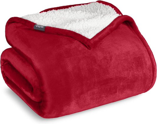 Bare Home Sherpa Fleece Blanket - Full/Queen Size - Blanket for Bed, Sofa, and Couch - Warm & Lightweight - Fluffy & Soft - Reversible (Full/Queen, Red)