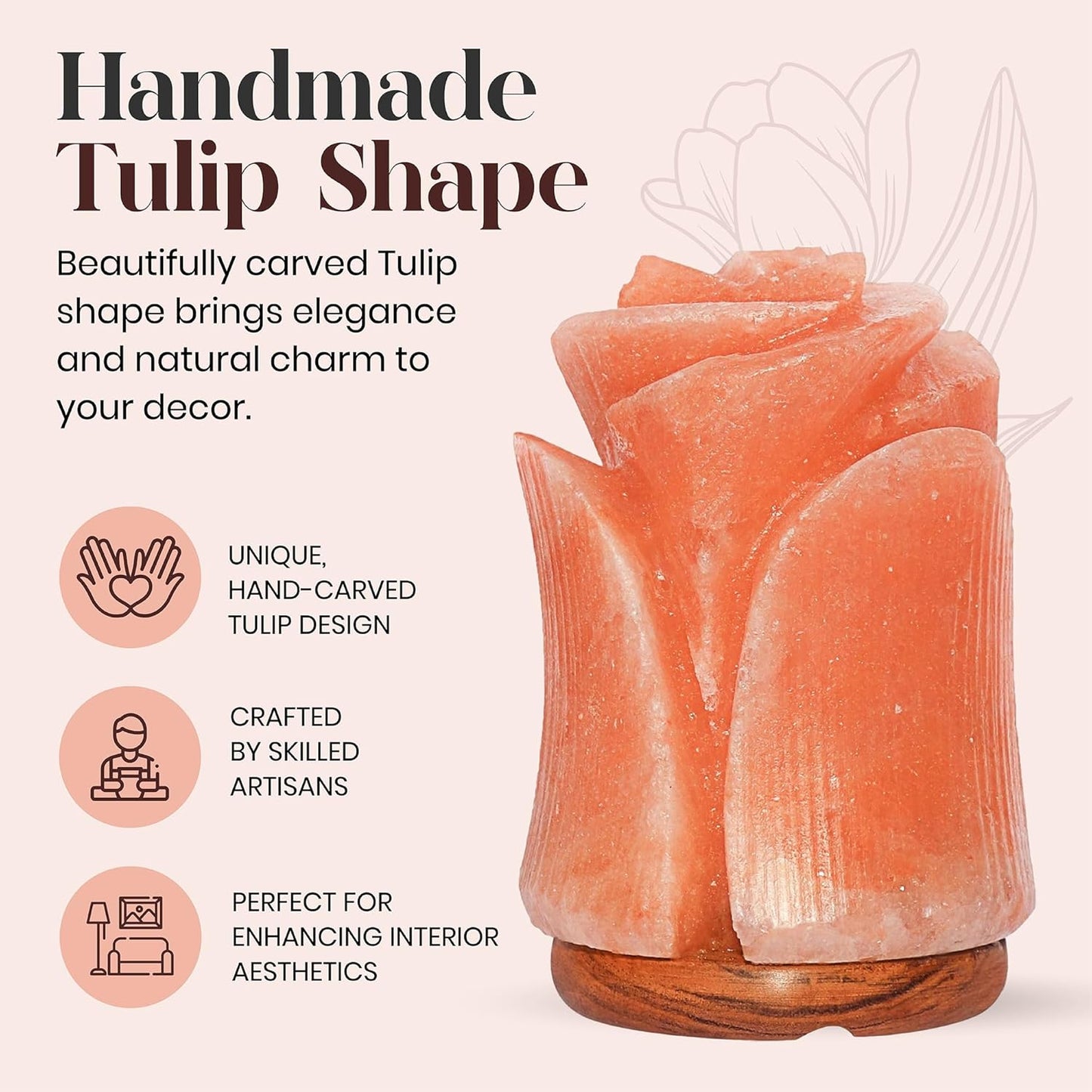 Spantik Tulip Shape Himalayan Pink Salt Lamp | Hand-Carved Rock Salt Flower Lamp | Natural Salt Night Light Desk Lamp for Home Office Decor | Himalayan Salt Lamps Sourced from Pakistan