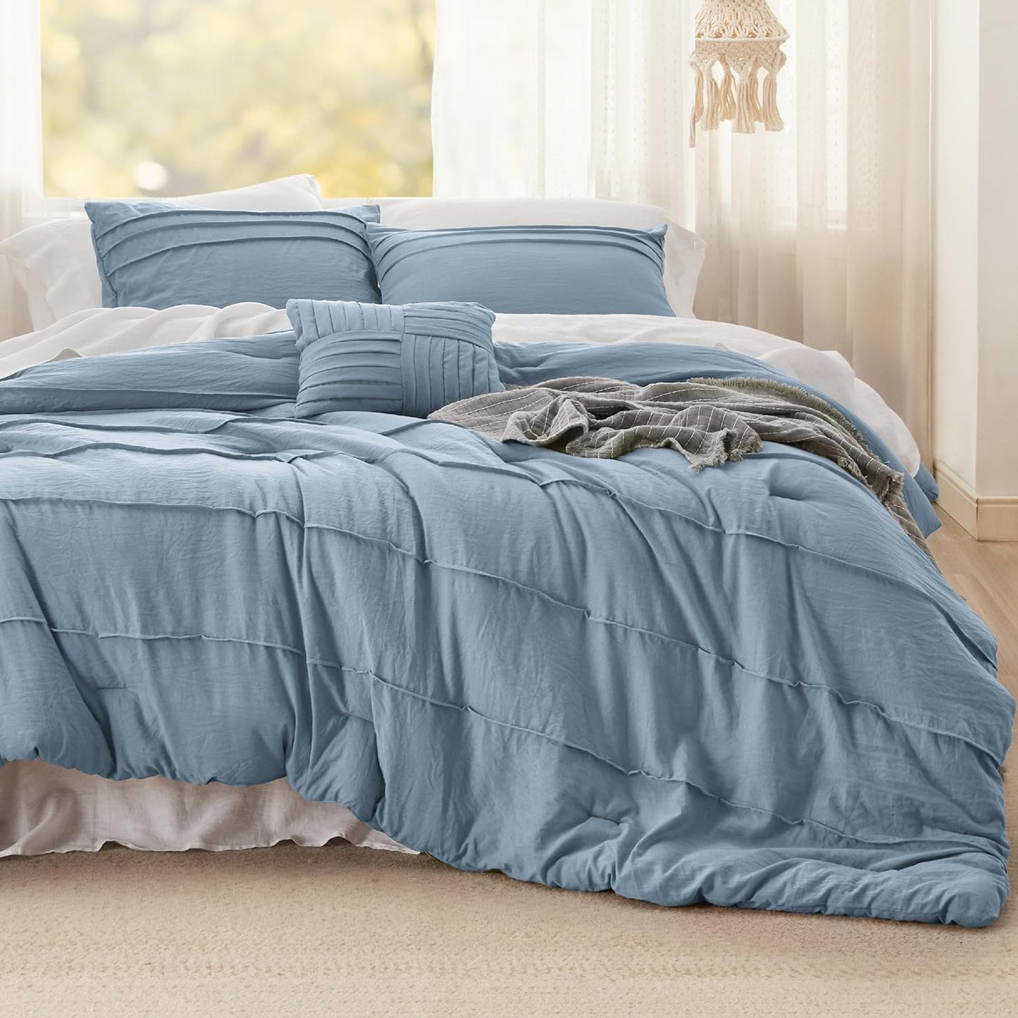 Bedsure California King Comforter Set - 4 Pieces Pinch Pleat Bed Set, Light Blue Boho Bedding for All Season, 1 Soft Comforter, 2 Pillowcases, 1 Decorative Pillow