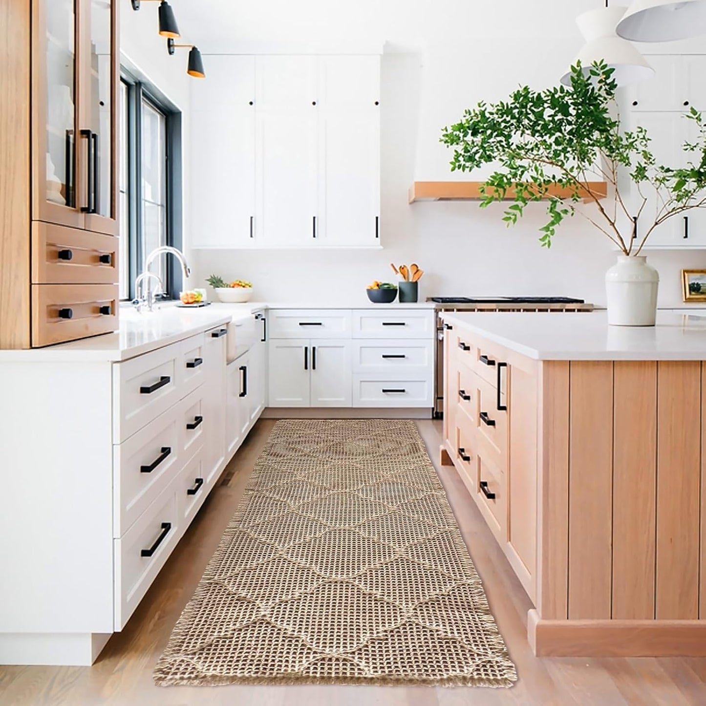 ZALL Tan Waffle Bath Mat,Super Absorbent Non Slip Bathroom Rug,Brown 24X72 inch, Geometric Diamond Machine Washable Ultra Soft Floor Mats