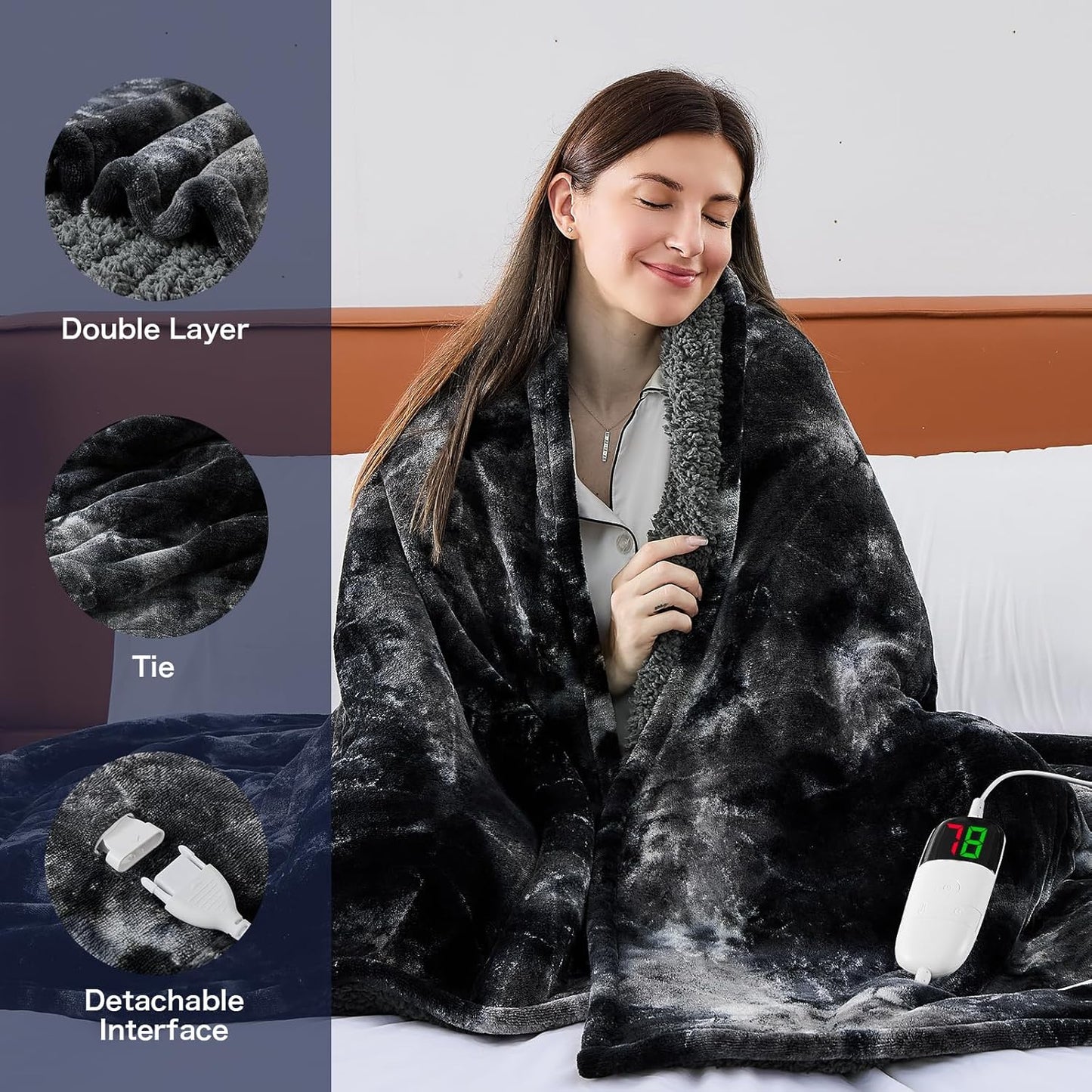 greenoak Heated Electric Blanket Throw, Faux Fur Sherpa Heating Blanket for Sofa Bed, Warm Winter Gifts for Women/Men, Heater Lap Blankets 5-Position Timer &10 Heating Levels 50''*60" Black