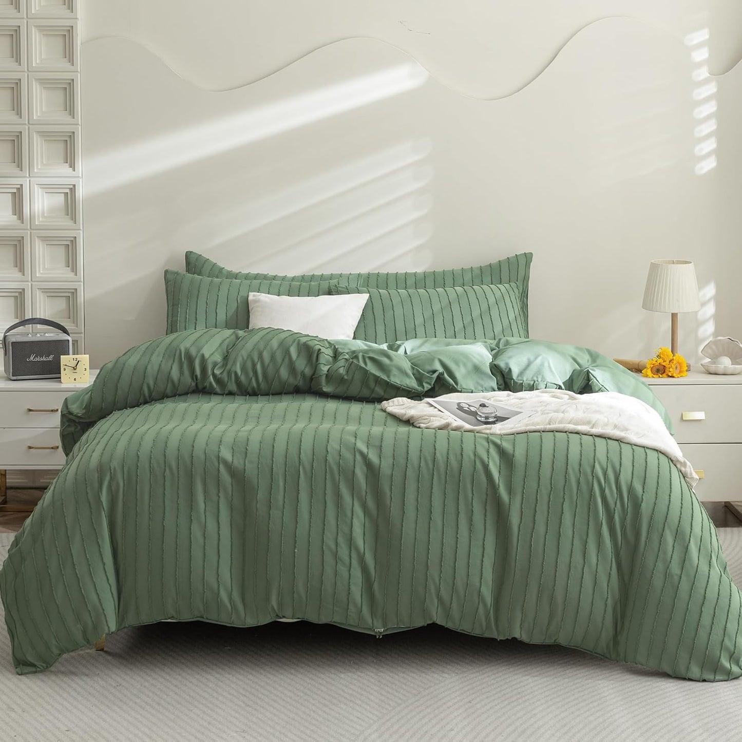JELLYMONI Duvet Cover Twin Size Green - 3PCS Boho Striped Duvet Cover Set Polyester Tufted Bohemian Textured Comforter Cover 68×90in with Corner Ties & Zipper and 2 Pillowcases