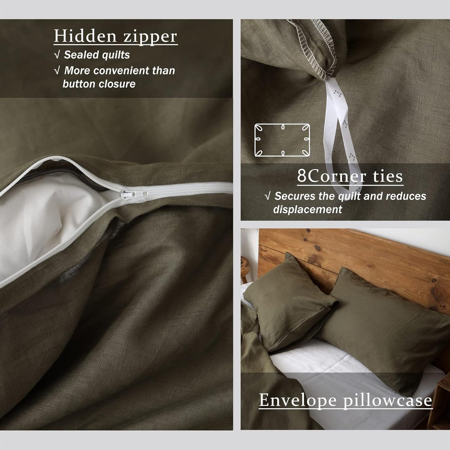 XZ XIFA Olive Green 100% Linen Queen Size Bedding Set, Cooling Duvet Cover with Natural Washed French Flax，Soft,Breathable,Textured,Fluffy Duvet Cover (1 Duvet Cover,2 Pillow Shams)