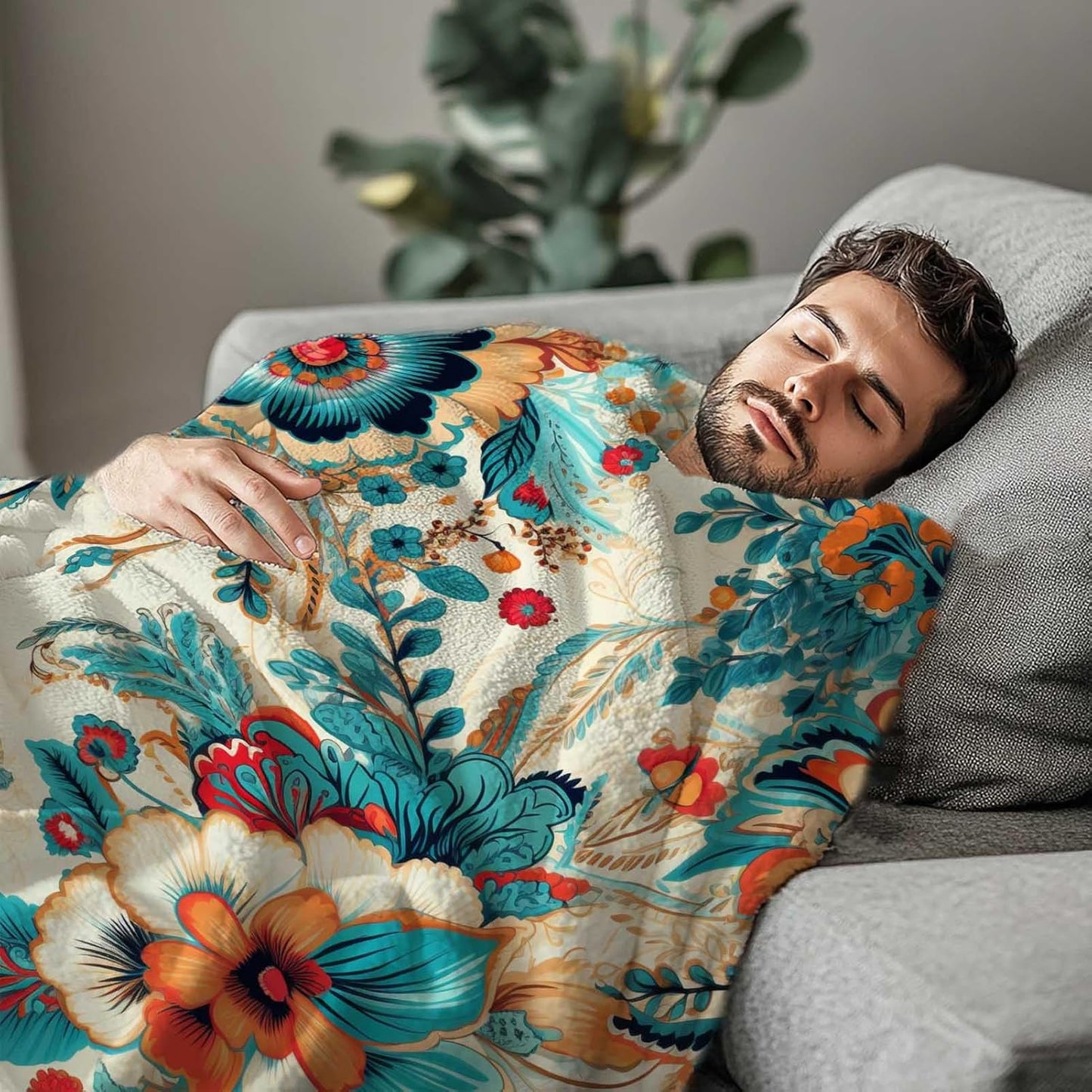 Flowers Blanket Throw, Turquoise Orange Hues Leaves Throw Blanket for Women Men, Soft Lightweight Flannel Fabric, Washable No-Pilling, 40x50 inches