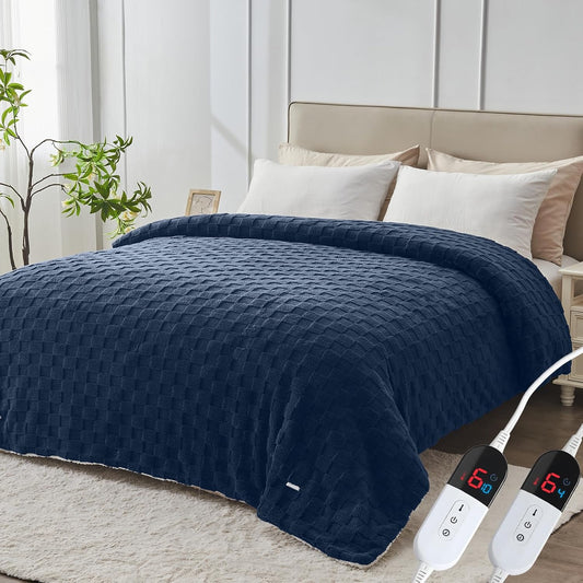Electric Heated Blanket Queen Size Dual Control - Jacquard Checkered Sherpa 84"x90" Fast Heating Bed Blankets with 6 Heating Levels & 10 Hours Auto Off, Over-Heat Protection ETL, Navy Blue
