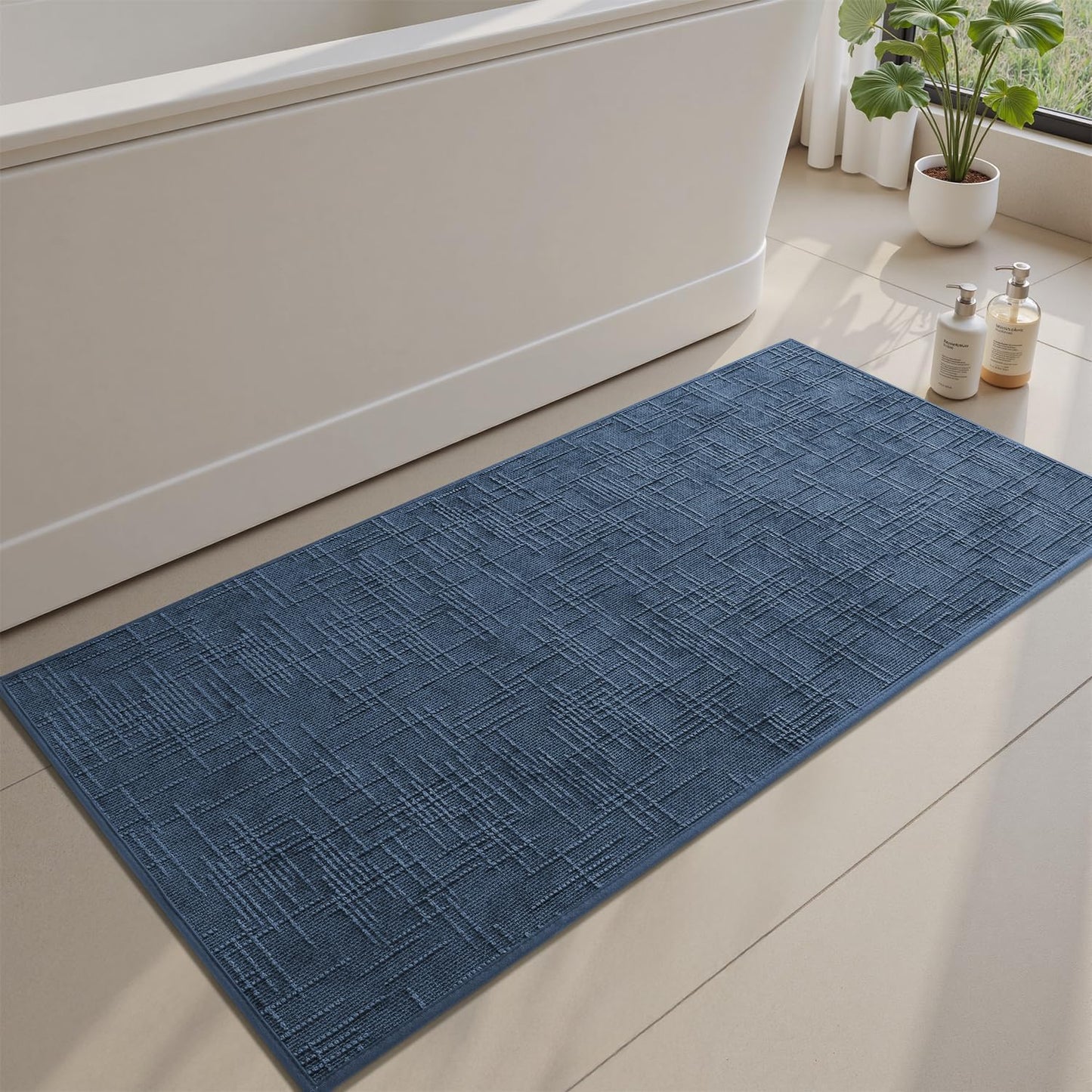 AMOAMI Bath Mat Non Slip Super Absorbent Quick Dry Bath Mats for Bathroom Floor Rubber Backing Washable Bathroom Rugs Modern Woven Jacquard Mat, Beside Tub Bath Rugs, 2'x4', Blue