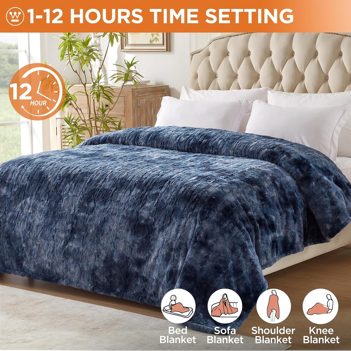 Westinghouse Electric Blanket Twin, Faux Fur Heated Blanket with 10 Heating Levels & 1-12 Hours Auto Off, Soft Cozy Sherpa Heated Blanket Washable Blanket (62" x 84" Twin Size, Indigo)