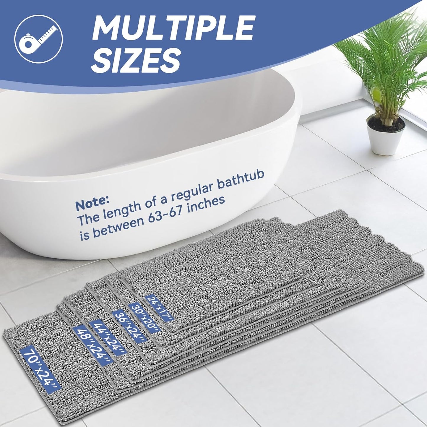 Bcoimo 36"×24" Chenille Bath Mat – Non-Slip with Backing Bath Rug Ultra-Absorbent and Machine Washable Bathroom Mat Quick-Dry Design. Ideal for Bathroom and Tub Areas
