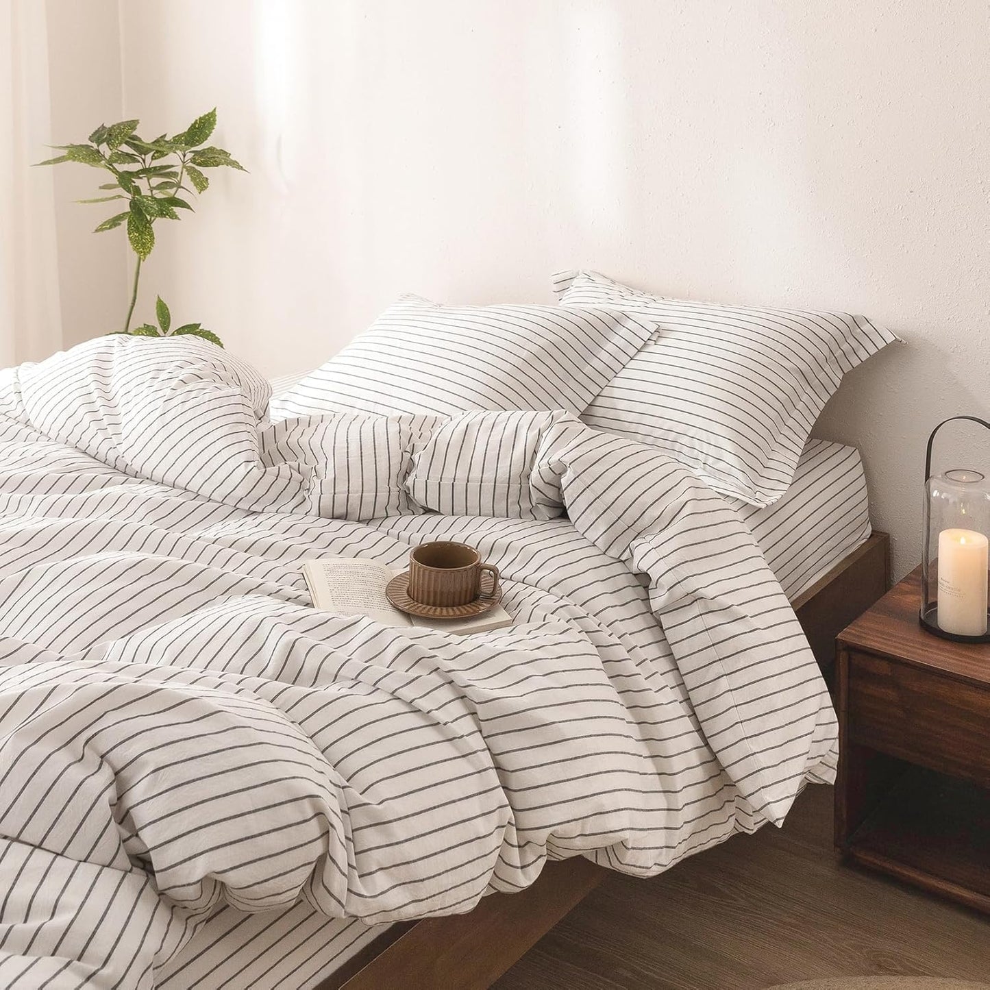 Stripe Duvet Cover California King Size 104inch x 98inch, 100% Washed Cotton Linen Feel Duvet Cover with Zipper Closure and 2 Pillowcases, Color of White-Dark Grey Stripe