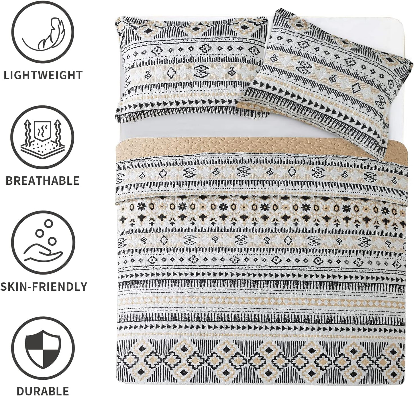 BEDIFANY Boho Quilt King Size Set, Lightweight Bedspread King Size Stripe Boho King Quilt, Quilt Bedding Set for Bed Decoration, All-Season Coverlet Set, 3 Pieces
