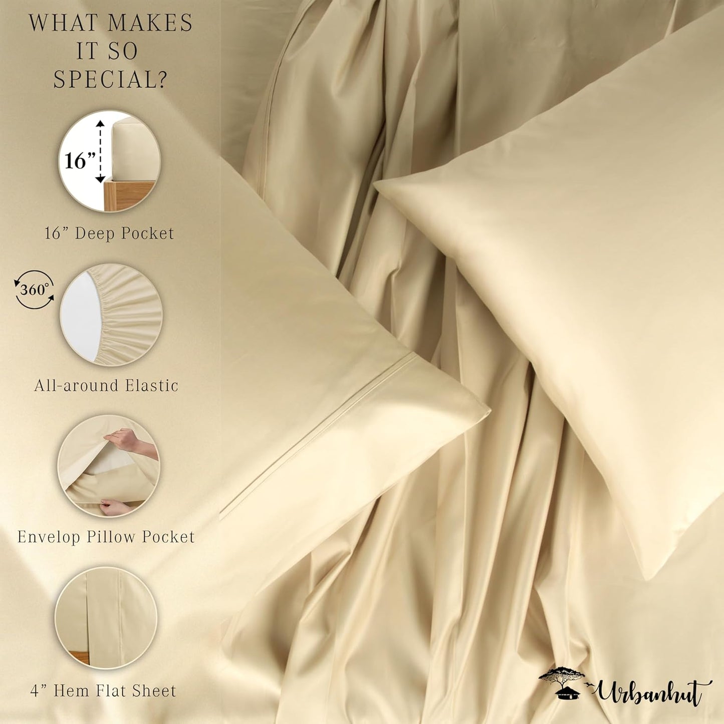 URBANHUT 100% Egyptian Cotton Sheets - 1000 Thread Count Queen Sheet Set (4Pc), Sateen Weave Luxury Hotel Sheets - Fits Upto 16" Mattress - Sand(Beige)