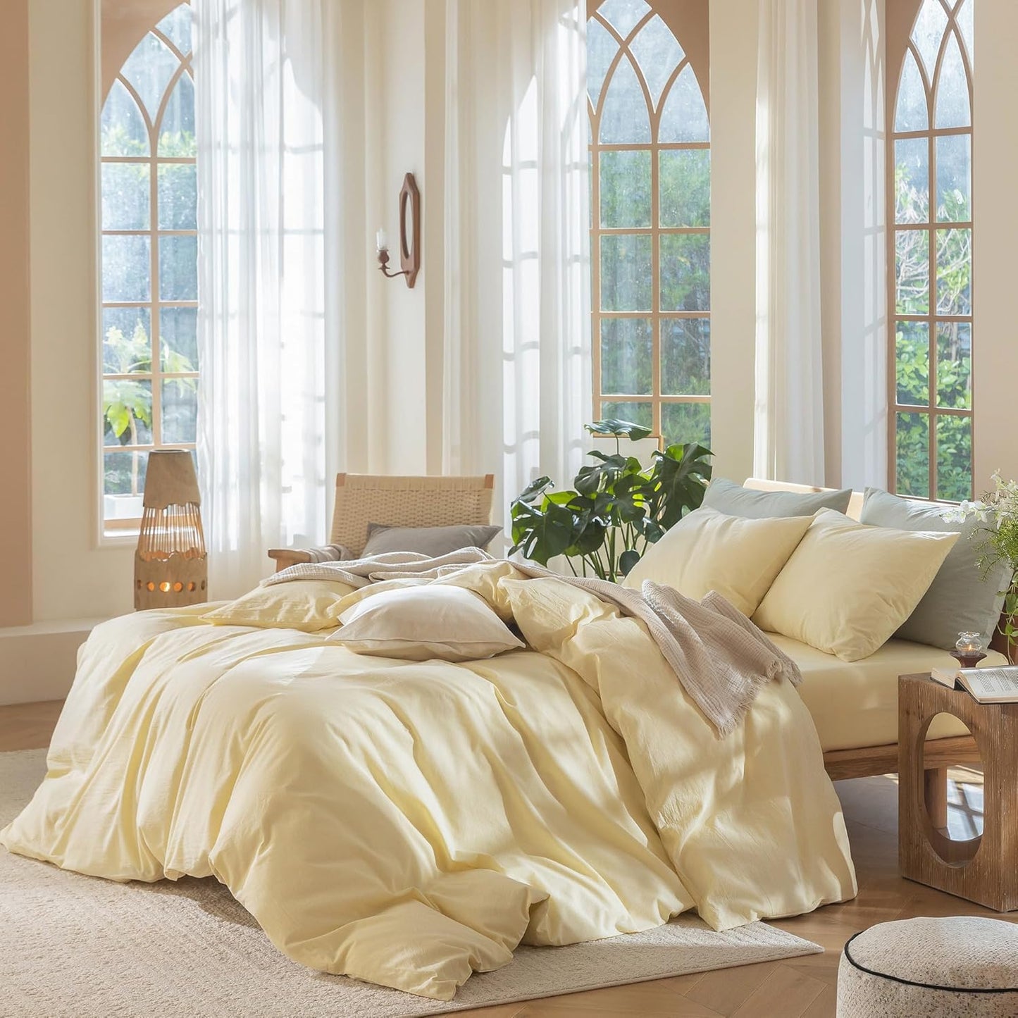 MooMee Bedding Duvet Cover Set 100% Washed Cotton Linen Like Textured Breathable Durable Soft Comfy (Heathered Butter Yellow, Palatial King/Oversized King 120"x98")
