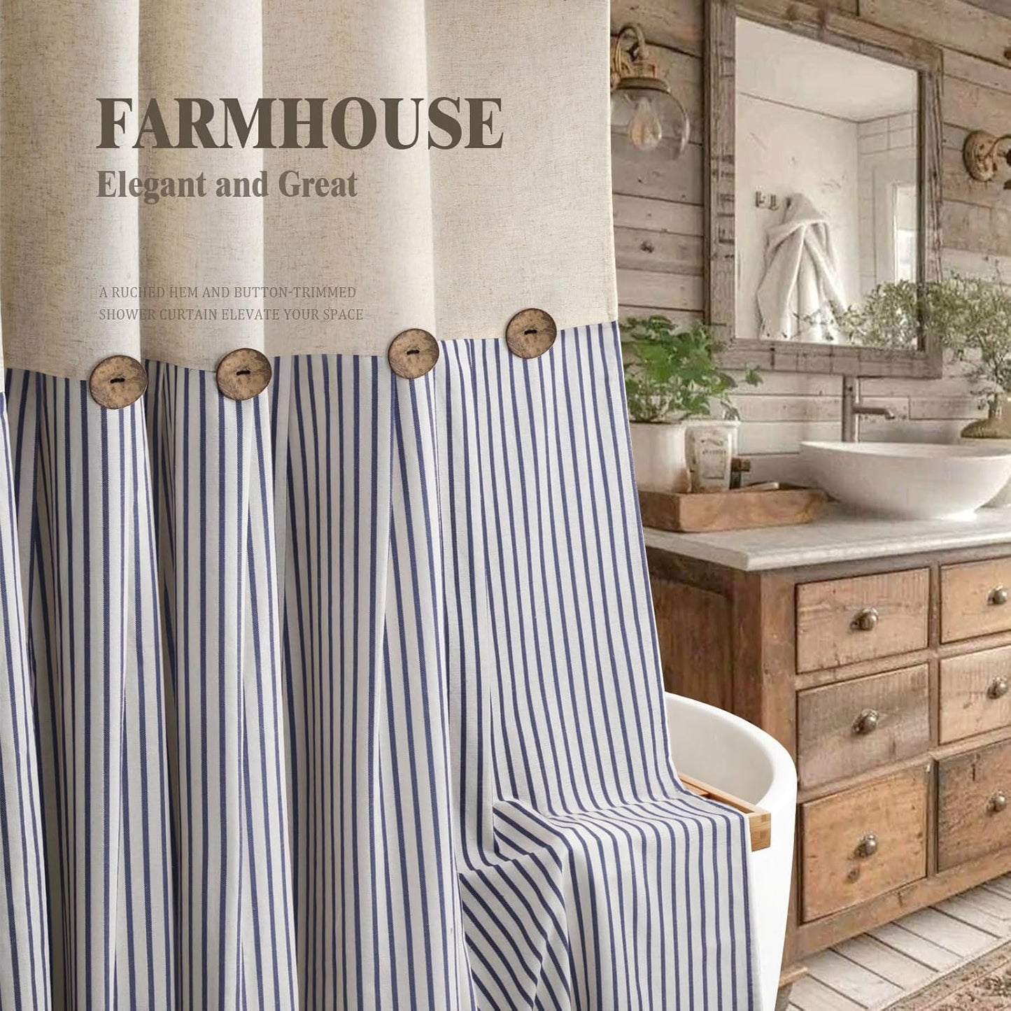 Farmhouse Shower Curtain Linen Button Woven Fabric Country Rustic Western, Pleated Blue Stripe 72" W x 72" L
