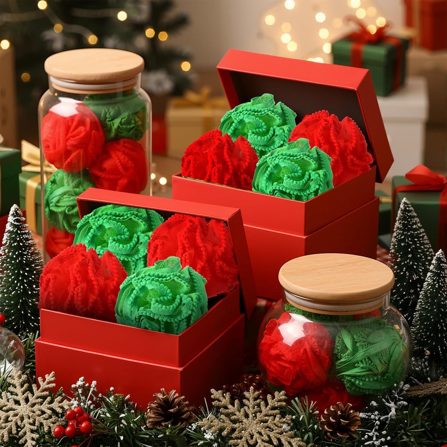 Duraaamo 12 Pcs Christmas Bath Loofah Sponge, Red Green Exfoliating Body Scrubber 50g Bath Shower Loofah Sponge Pouf Puff Mesh Shower Pouf Balls Soft Quick-Dry Cleanse Skin Accessories for Women Men