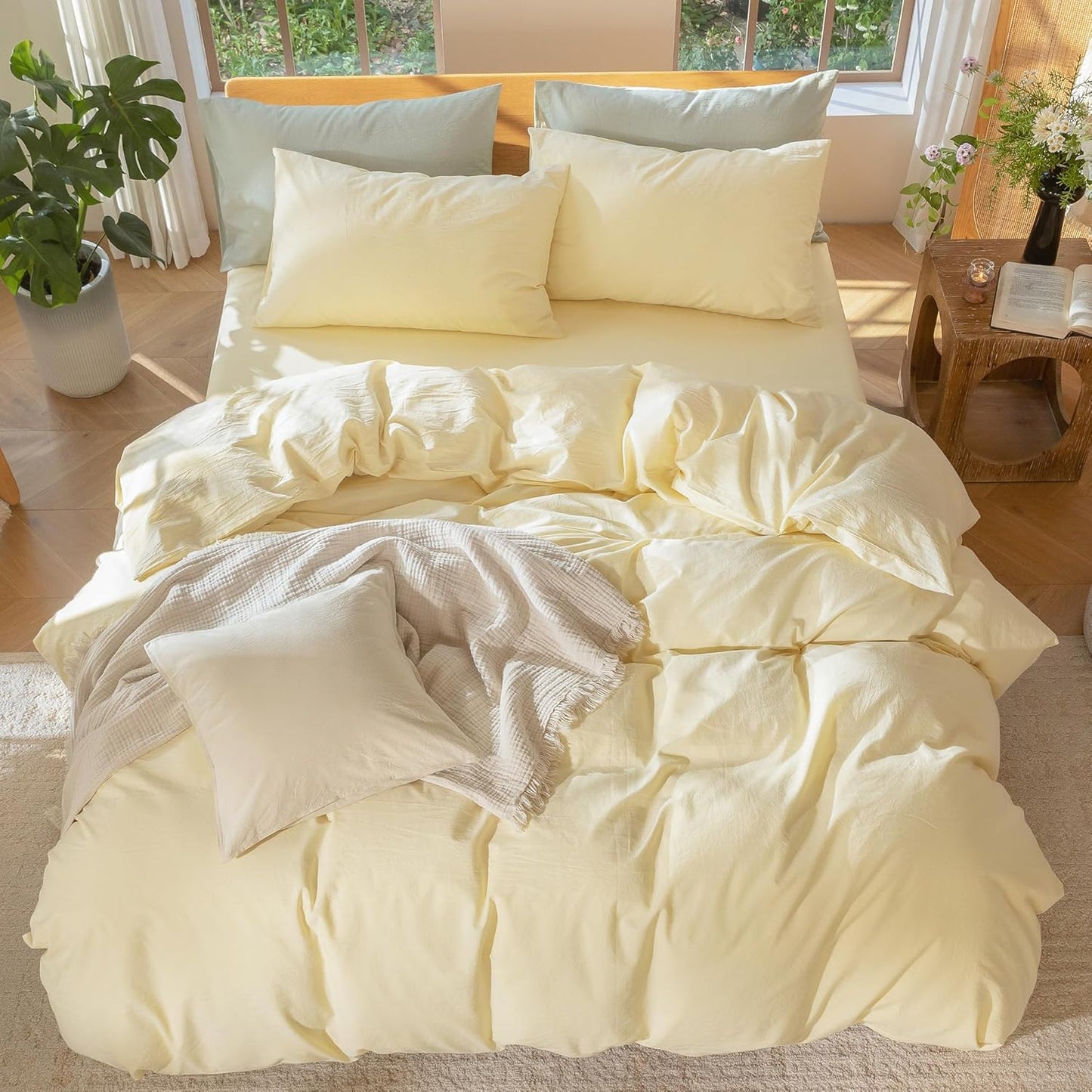 MooMee Bedding Duvet Cover Set 100% Washed Cotton Linen Like Textured Breathable Durable Soft Comfy (Heathered Butter Yellow, Full 80"x90")