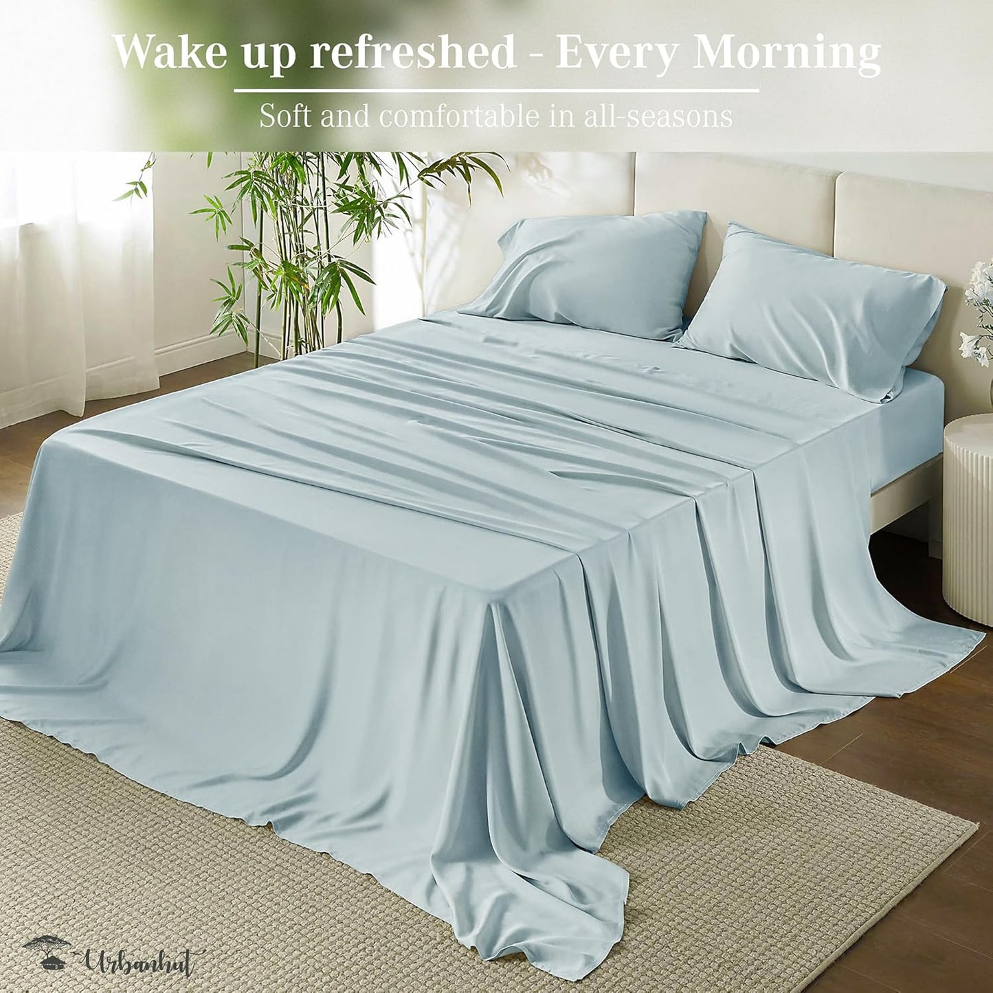 URBANHUT 1000 Thread Count Queen Sheet Set Egyptian Cotton, Long Staple Soft & Breathable, 4 Pc Bed Sheet Sets, Luxury Hotel Sateen Sheets Fits 16" Deep Pocket - Light Blue