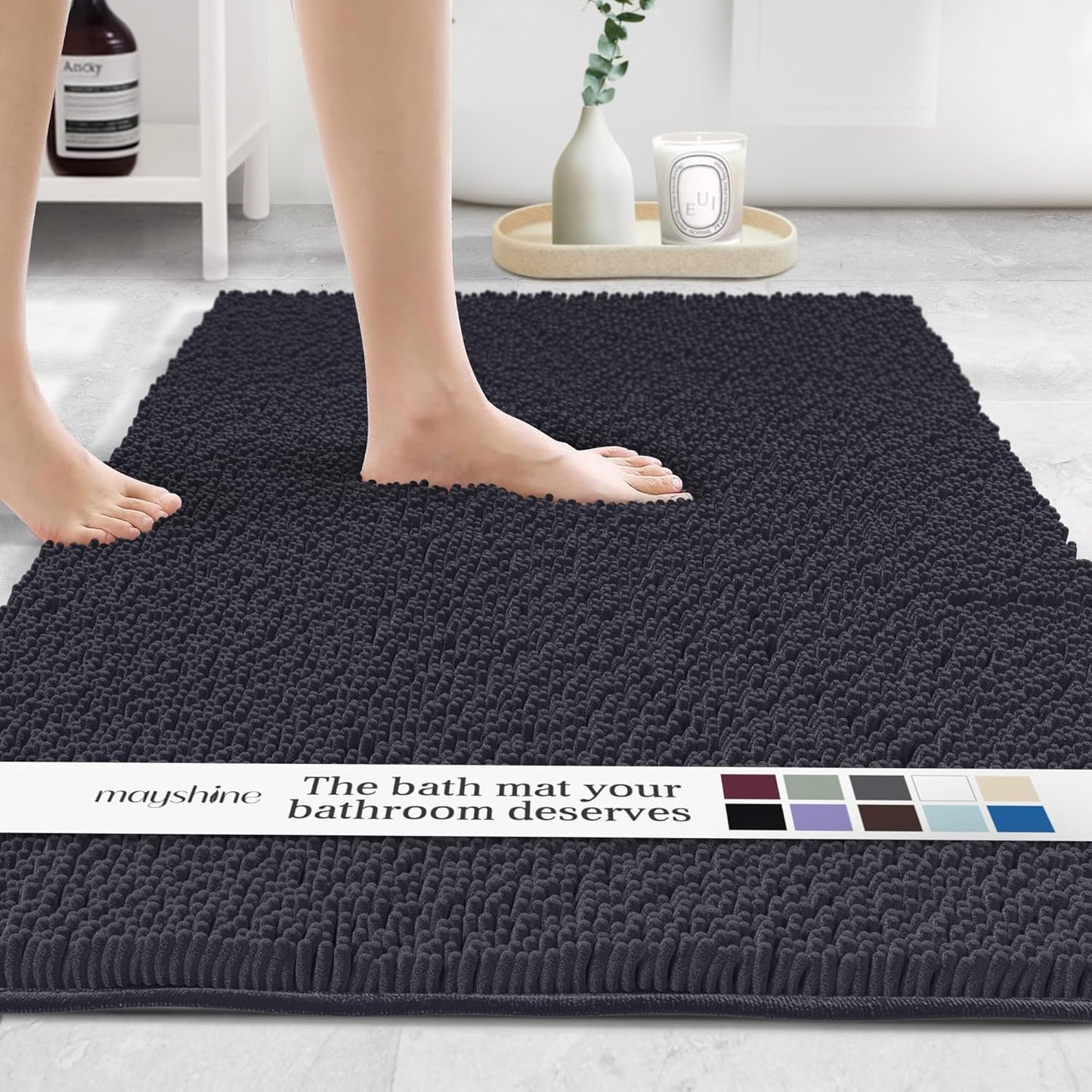 MAYSHINE Plush Shaggy Chenille Bath Mat | Extra Soft, Super Absorbent, Non-Slip Bathroom Rug | Fluffy Microfiber, Area Rug Sets for Bathroom Floor, Kitchen, Living Room | 47"x27" | Black