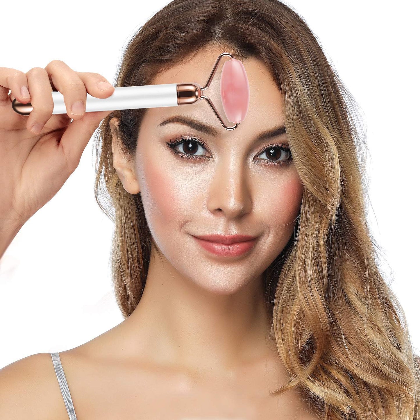 3-IN-1 Electric Jade Roller 3D Roller Facial Roller & Face Massager, Rose Quartz