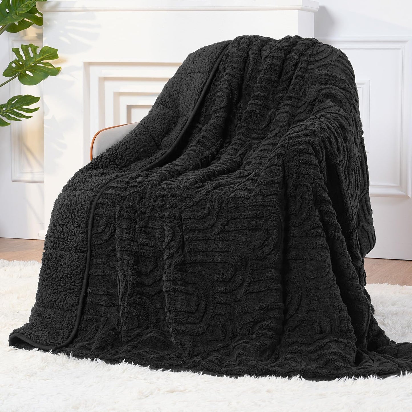 Sherpa Fleece Adult Weighted Blanket Great for Sleep, 20 lbs Dual Sided Soft Fuzzy Heavy Blankets for Couch Bed Sofa, Cozy Warm Fluffy Arched Jacquard Throw for Winter (Black, 60" x 80", 20 Pounds)