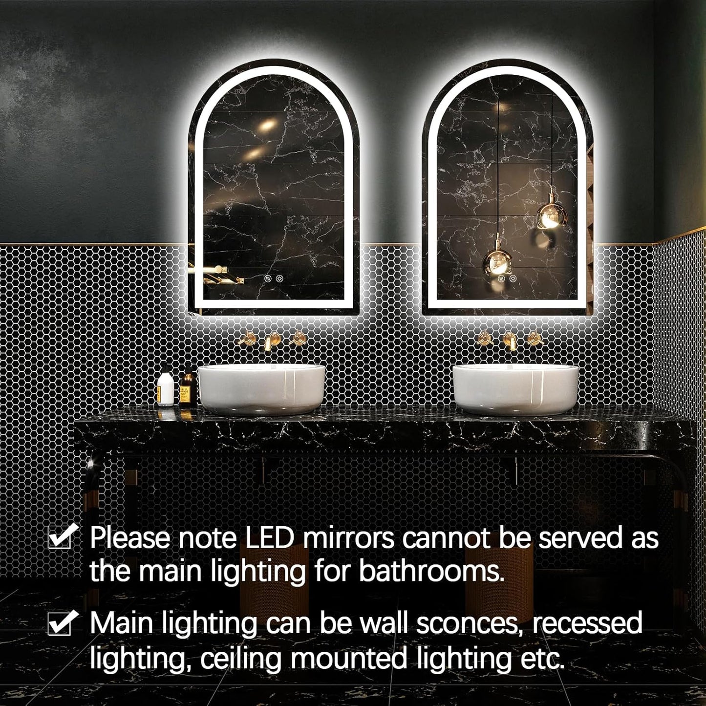 Niccy Arched LED Bathroom Mirror, 39x26 Arch Wall Mounted Frameless Bathroom Mirror for Vanity, Smart Lighted Frontlit Mirrors with Memory Function for Bathroom Bedroom Beauty Hair Salon