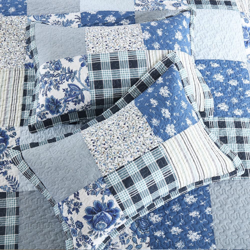Cotton Bedspread Quilt Bedding Sets 3 Pieces Reversible Coverlet Sets Comforters Rustic Floral Patchwork Blue White Bedspread, King Size