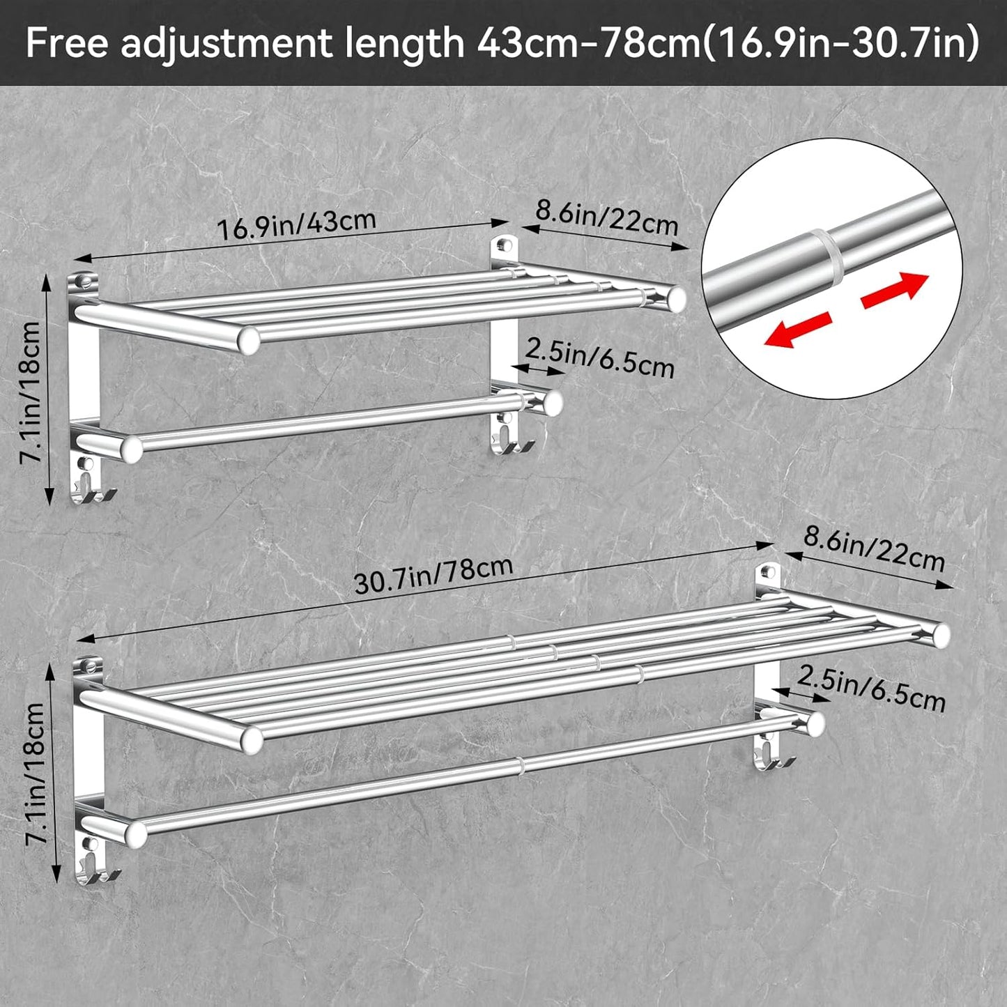 Adjustable Towel Bar for Bathroom Wall Mount17-30.7inch Adhesive Shower Towel Rack Stainless Steel Bath Towel Holders for Toilet Kitchen Double Towel Hanger (2-Layer Towel Rack)