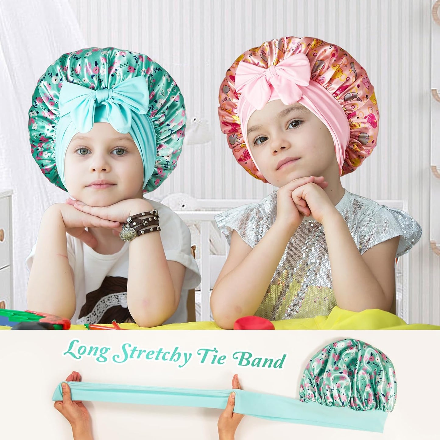 2 PCS Kids Bonnets for Girls, Silk Bonnet for Kids, Satin Bonnet for Sleeping, Baby Toddler Tie Bonnet Sleep Cap