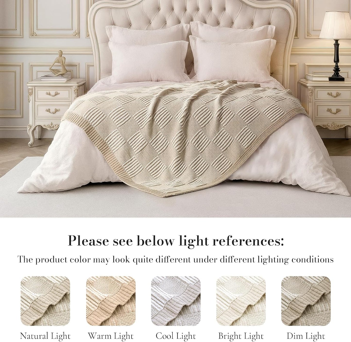 Amélie Home Checkered Knit Throw Blanket for Couch, Chenille Texture Decorative Soft Blanket for Sofa & Chair, 50"x60", Khaki & White