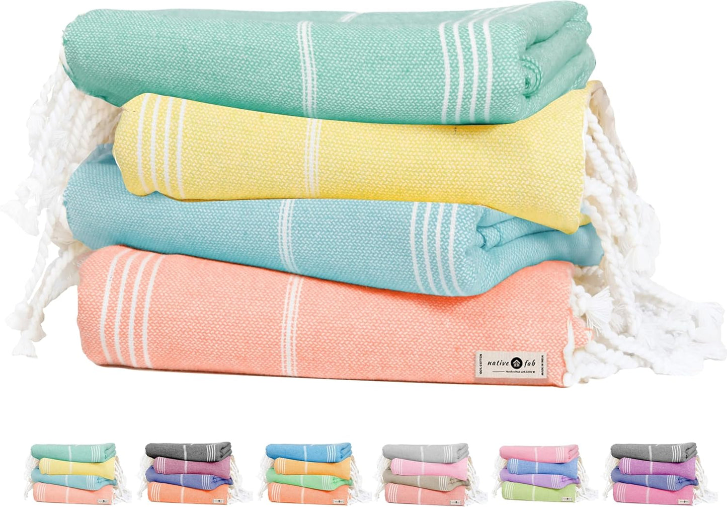 Native Fab Turkish Towels Set of 4, Large 40x71 Inches, Soft, Fast Drying, Lightweight, Absorbent, 100% Cotton Towel for Beach, Bath, Spa, Travel Use - Light Orange, Lemon Yellow, Aqua Blue, Green