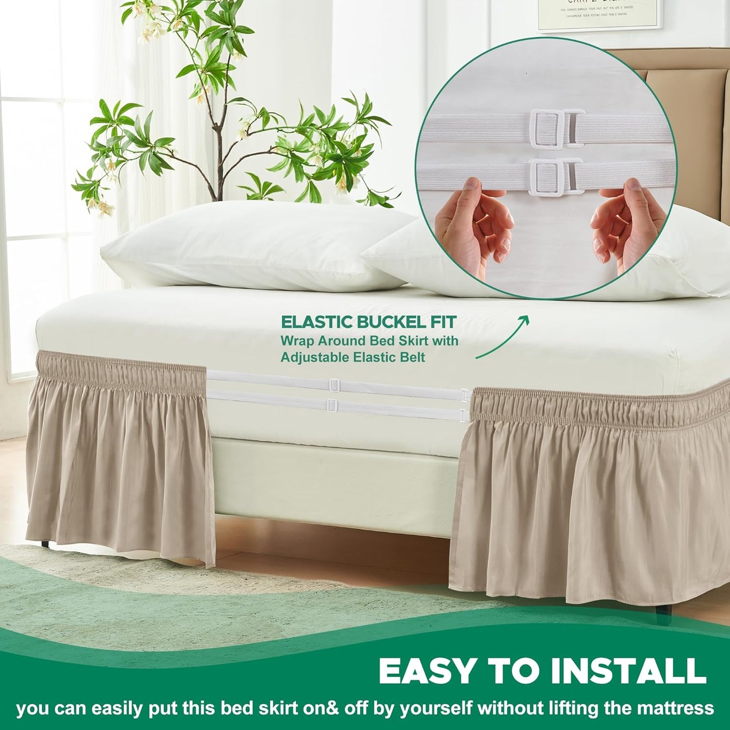 Biscaynebay Wrap Around Bed Skirts for Queen Beds 19" Long Drop, Light Camel Adjustable Elastic Dust Ruffles Easy Fit Wrinkle & Fade Resistant Silky Luxurious Fabric Solid Machine Washable